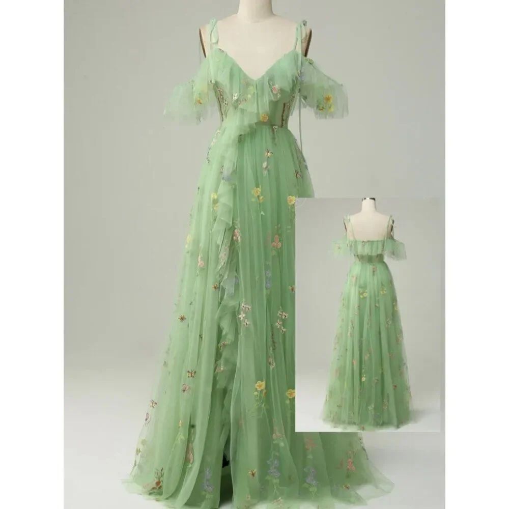 Elegant A Line Embroidered Off The Shoulder Green Floral Ruffled Prom Gown